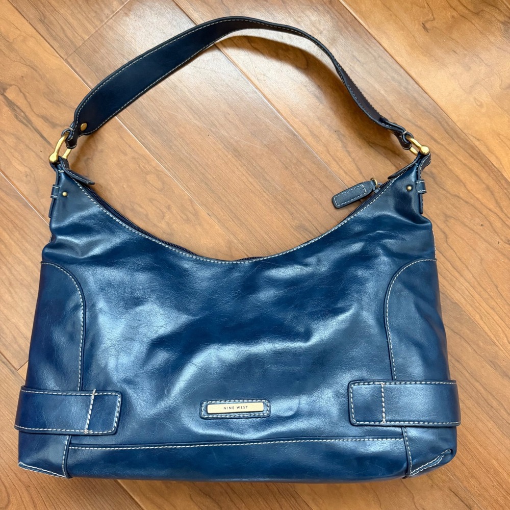 Vintage Nine West Blue Hobo Y2K Shoulder Bag Gold Hardware White Stitching Large